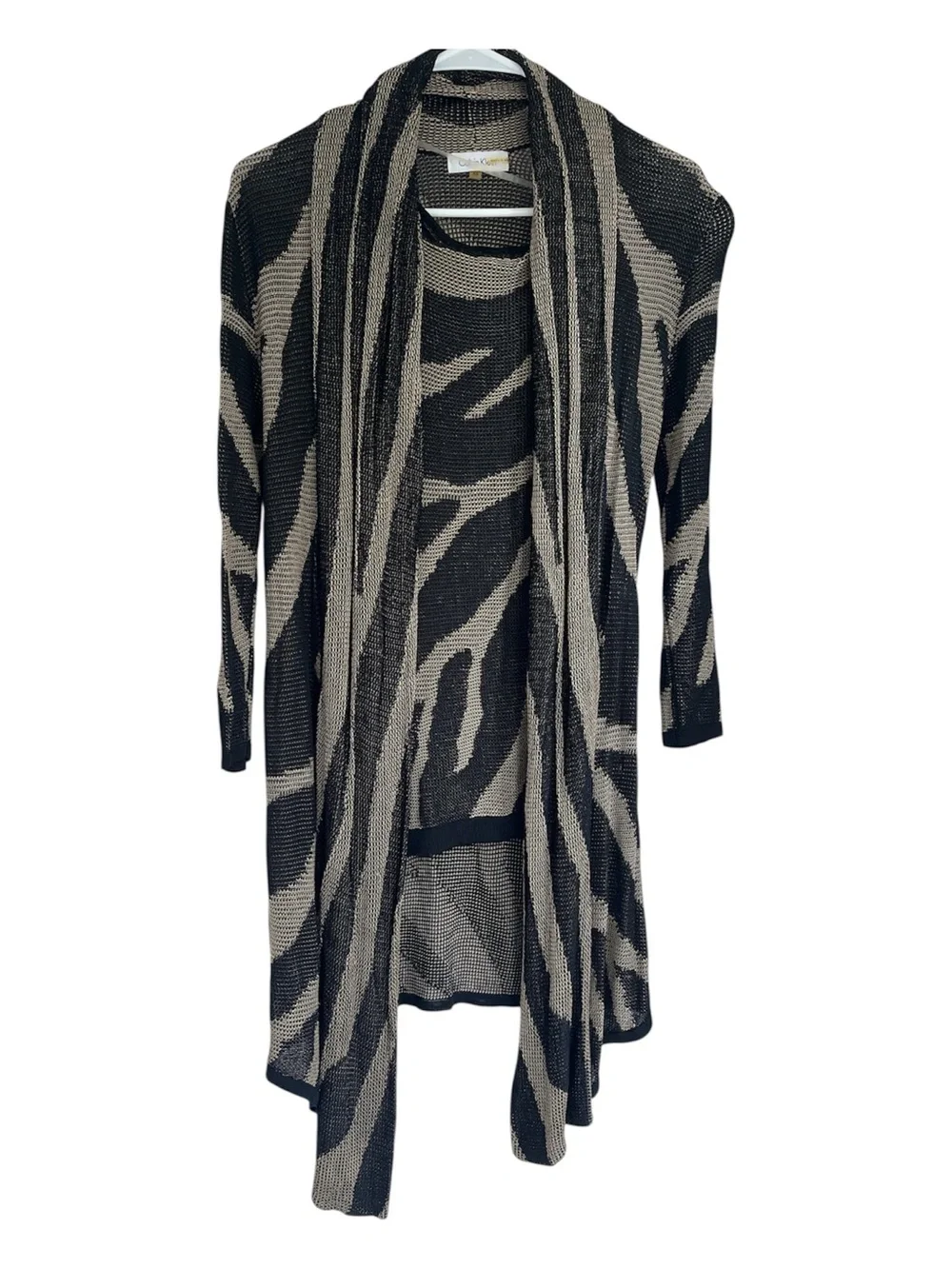 Calvin Klein Viscose Black Beige Tiger Print Zebra Tank Cardigan Sweater Set XS